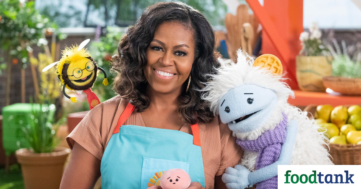 Michelle Obama’s new cooking show encourages kids to swap frozen food for home-cooked meals and taste ingredients from different cultures.