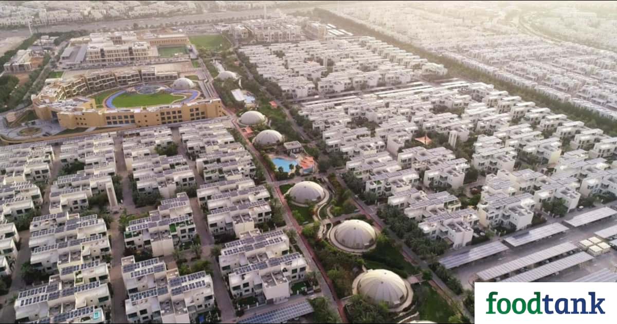 The Sustainable City in Dubai aims to become Net Zero Energy, featuring community farms and solar power.